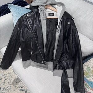 VICI Black Leather Moto Jacket with Gray Hooded Liner